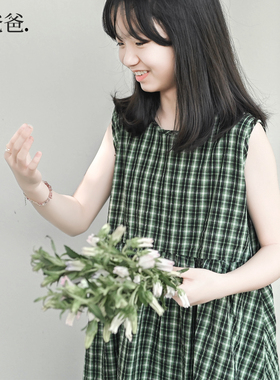 蔡爸爸文艺童装小清新绿色背心裙新夏装女大童薄款格子连衣裙722
