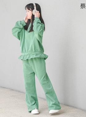 蔡爸爸原创童装新款全棉毛圈卫衣秋冬绿色个性独特套装女大童1275