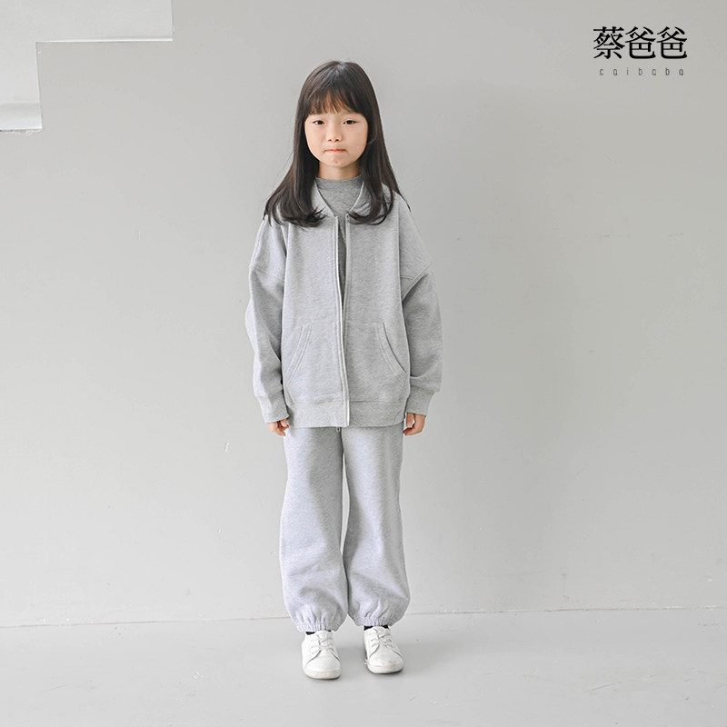 蔡爸爸童装加绒加厚卫衣冬装拉链外套男女儿童灰色套装棒球服1203