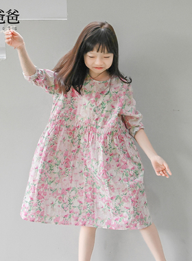 蔡爸爸童装文艺2026春秋装全棉碎花长袖连衣裙女童粉红花裙子1239