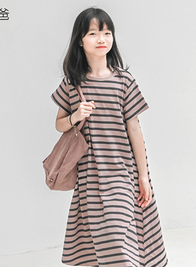 蔡爸爸童装 2026夏装文艺条纹连衣裙 中大童独特超好看t恤裙子573