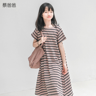 蔡爸爸童装 2026夏装文艺条纹连衣裙 中大童独特超好看t恤裙子573
