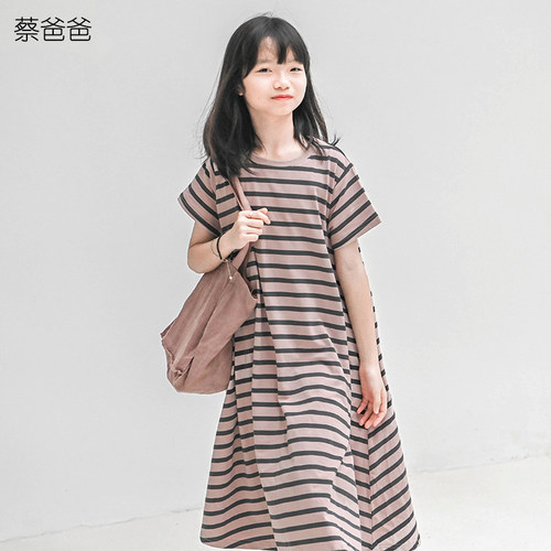 夏装文艺条纹连衣裙中大童t恤裙