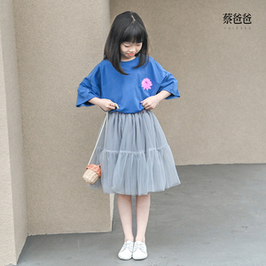 蔡爸爸童装女大童灰色半身裙2024款夏装网纱仙女裙子文艺777+637