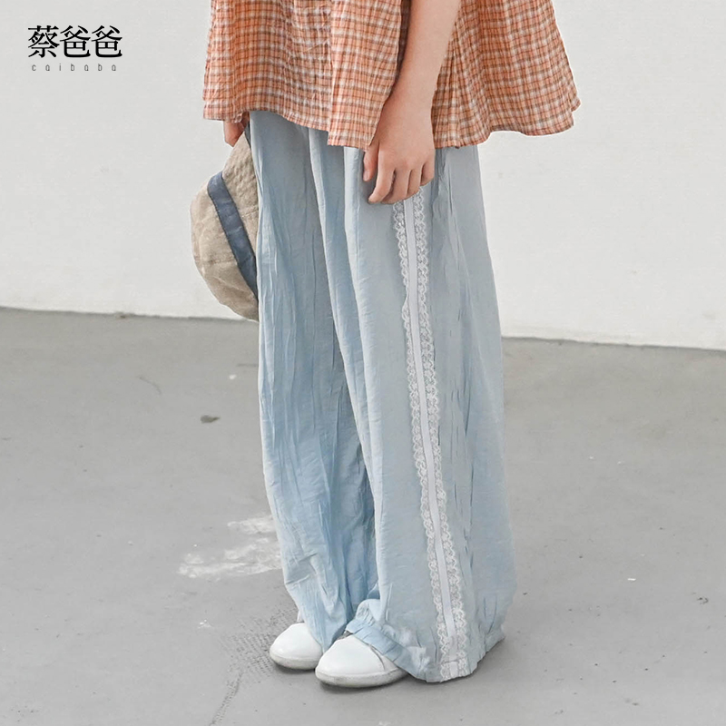 蔡爸爸童装 2025新款夏装阔腿长裤女童浅蓝色蕾丝花边裤子防晒193