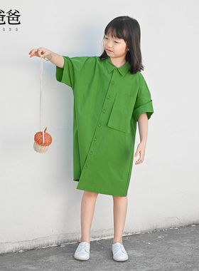 蔡爸爸原创童装 2026文艺夏装衬衫裙子女童绿色翻领连衣裙纯棉800