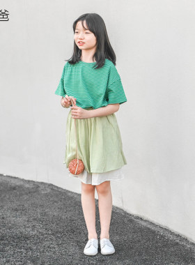 夏装薄短裤女大童绿白双拼色裤裙