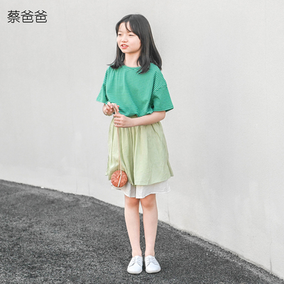 夏装薄短裤女大童绿白双拼色裤裙