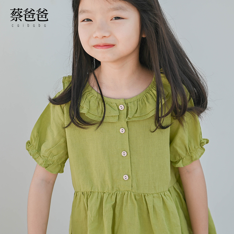女童连衣裙夏季绿色苎麻小公主裙