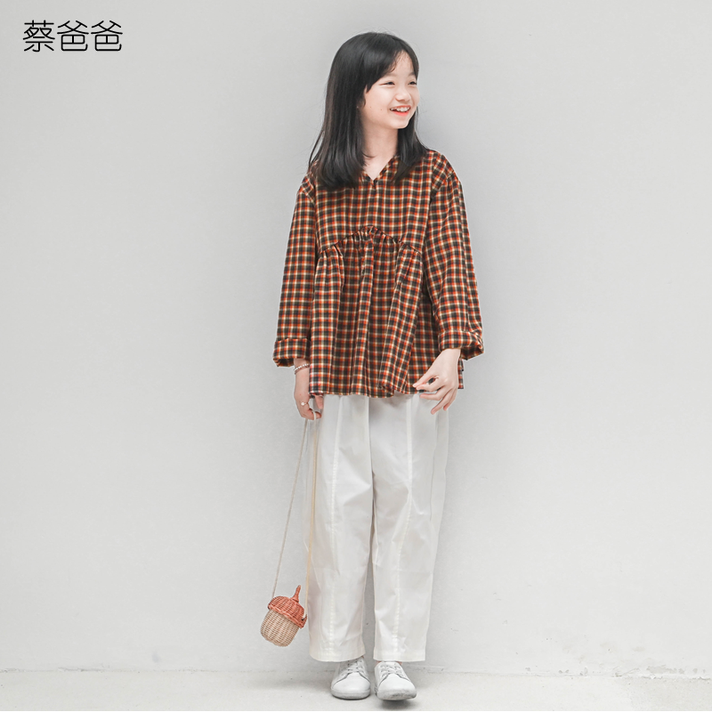 v领洋气秋装少女格子长袖上衣服