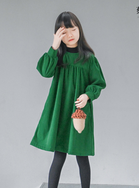蔡爸爸童装 2026新款冬装连衣裙 女大童绿色娃娃领灯心绒裙子1021