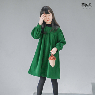 蔡爸爸童装 2026新款冬装连衣裙 女大童绿色娃娃领灯心绒裙子1021