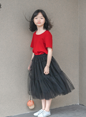 蔡爸爸童装 短袖圆领t恤夏季 洋气女童姜黄红色纯色上衣服508+630