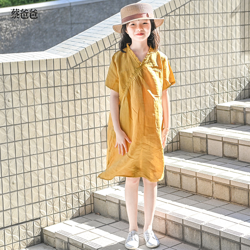 女连衣裙夏苎麻黄色连衣裙