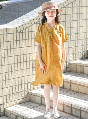 蔡爸爸原创童装苎麻黄色连衣裙新款夏装女大童装文艺改良旗袍325