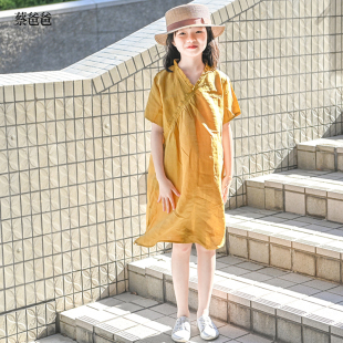蔡爸爸原创童装 夏装 女大童装 文艺改良旗袍325 苎麻黄色连衣裙新款