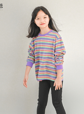 蔡爸爸童装 新款春秋装 女大童紫色条纹圆领长袖t恤打底衫A23+095