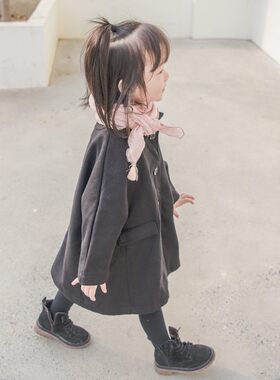 蔡爸爸童装 文艺范黑色外套中长款 母女装加绒大衣女童冬装707
