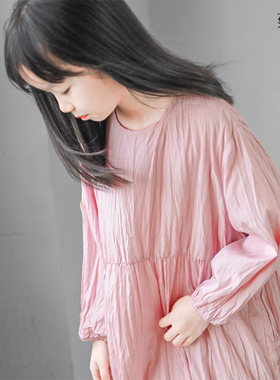 蔡爸爸童装 圆领长袖连衣裙小个子女装 文艺粉色裙子 春秋装1305