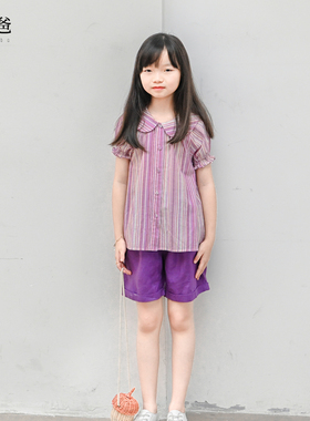 蔡爸爸童装 2026新款夏装紫色短袖上衣 翻领条纹衬衫 百搭衣服386