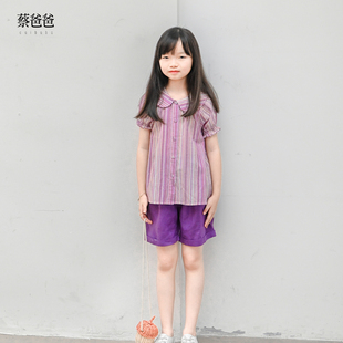 蔡爸爸童装 小学生女儿服装 夏装紫红短袖上衣 翻领条纹衬衫386