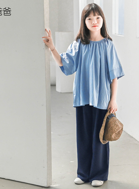 蔡爸爸童装t恤新款文艺夏装女大童圆领蓝色宽松休闲上衣313+177