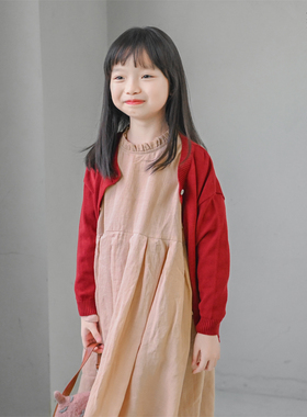 蔡爸爸童装春秋款红色毛衣中大童全棉针织开衫外套少女1326+1295