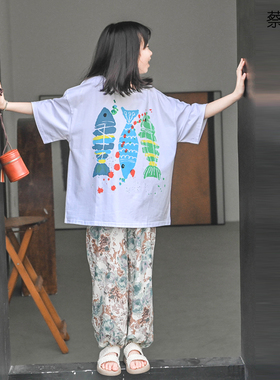 蔡爸爸童装休闲宽松T恤男女童夏装 白色短袖上衣 年年有鱼602+797