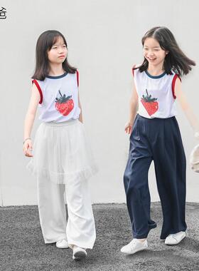 蔡爸爸童装背心t恤 新款夏装百搭女大童草莓无袖上衣512+668+177
