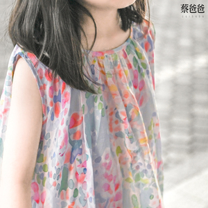 蔡爸爸童装无袖花裙子独特夏装女大童纯苎麻数码印花连衣裙 369