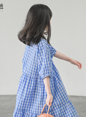 蔡爸爸童装2026小清新夏装女童过膝长裙蓝色格子连衣裙子儿童750