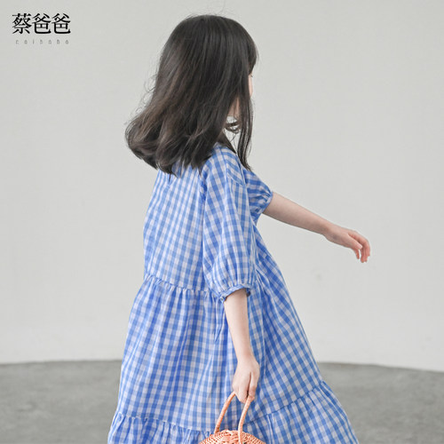 女童连衣裙夏季蓝色格子连衣裙子