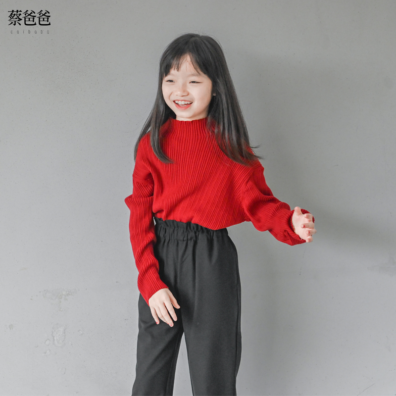 秋冬女半高领打底衫红色针织毛衣