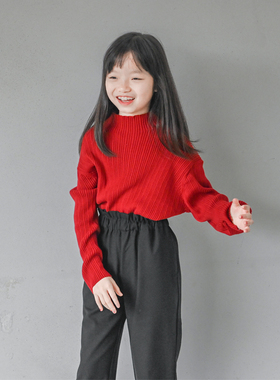 蔡爸爸童装新款秋冬装半高领毛衣 女大童红色针织打底衫1360+1367