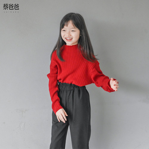 秋冬女半高领打底衫红色针织毛衣