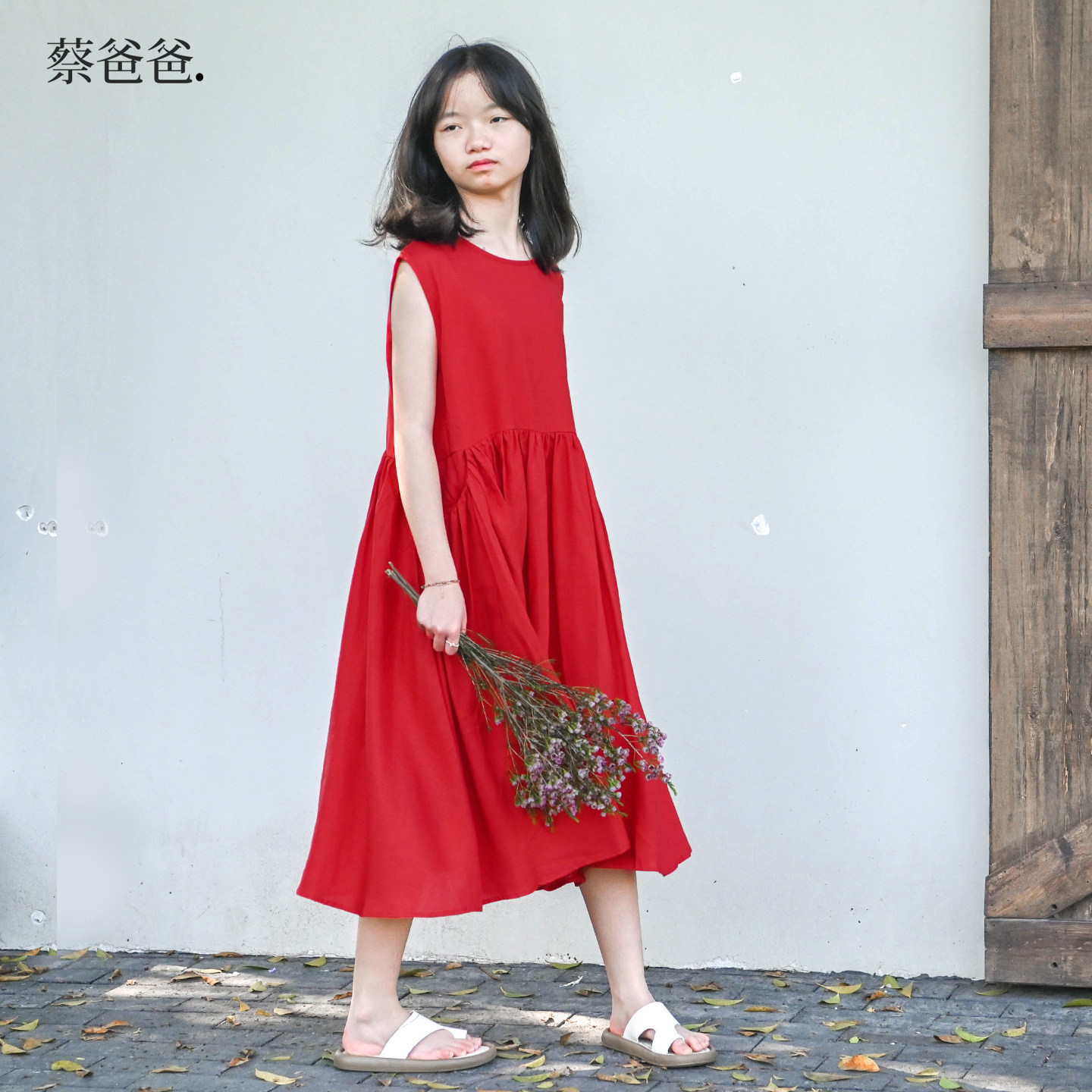 蔡爸爸原创童装度假风裙子2026款夏装女中大童红色公主连衣裙761