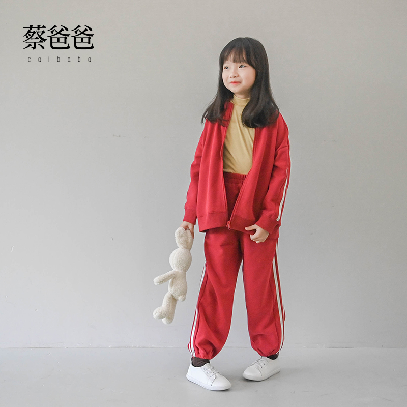 蔡爸爸装冬季拉链开衫 红色套装运动服 女中童加绒卫衣两件套1173