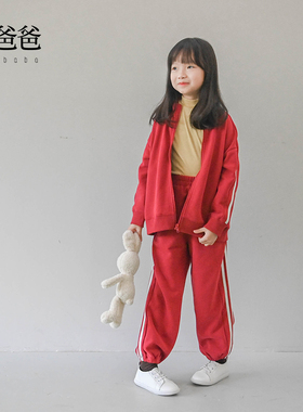 蔡爸爸装冬季拉链开衫 红色套装运动服 女中童加绒卫衣两件套1173