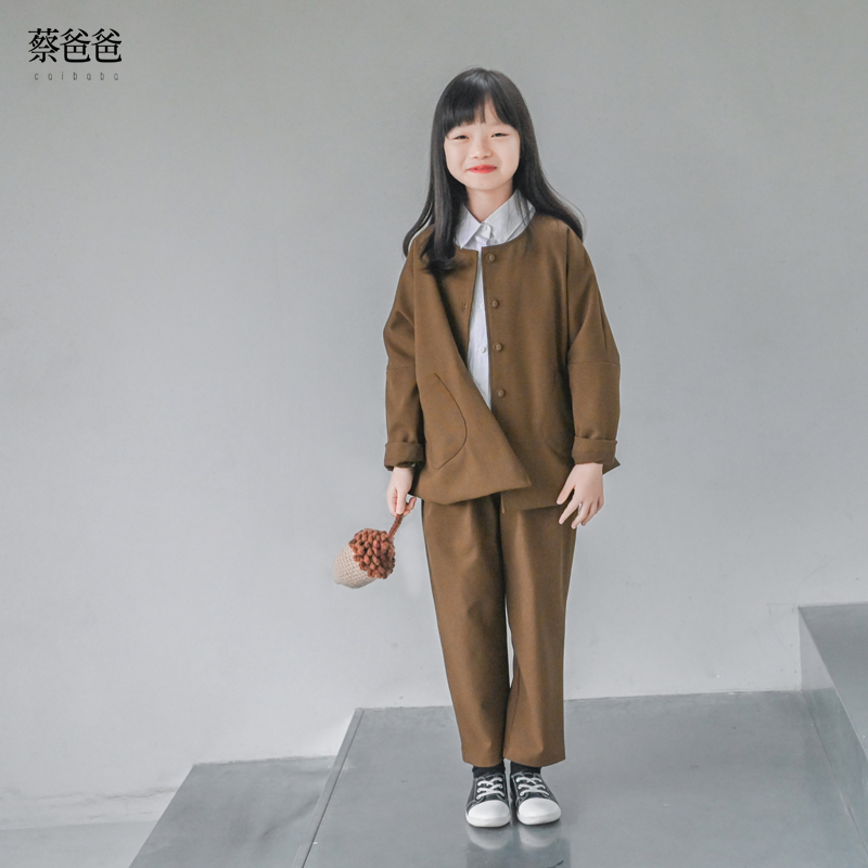 蔡爸爸儿童装咖色圆领外套秋冬装男女大童西装个性套装1016+1311