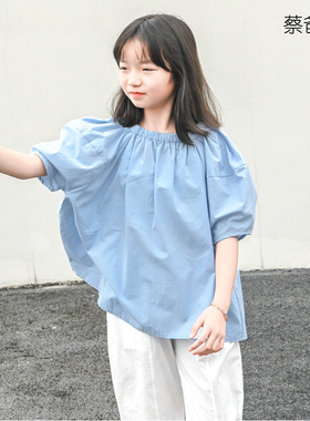蔡爸爸童装夏装浅蓝色宽松上衣女大童松紧领纯棉衣服105+257+839