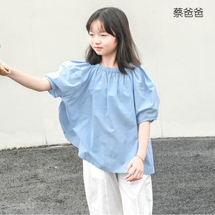 839 蔡爸爸童装 夏装 浅蓝色宽松上衣女大童松紧领纯棉衣服105 257