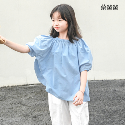 夏装浅蓝色宽松上衣松紧领纯棉
