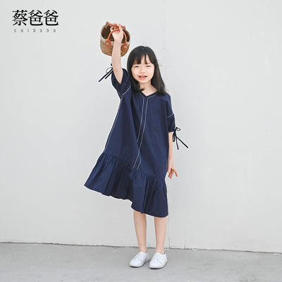 女童夏季蓝色连衣裙纯棉V领