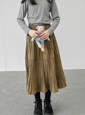 蔡爸爸童装2026新款秋冬季裙子 女大童皱纹半身裙咖色A字中裙1051