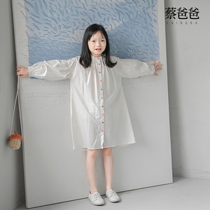 蔡爸爸女童装文艺春季长袖白色连衣裙小个子女装贝壳扣衬衫裙1231