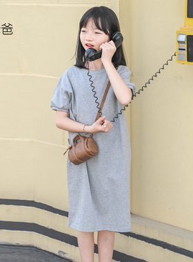 蔡爸爸童装 2026款夏装文艺t恤裙女童青少年浅灰色圆领连衣裙539