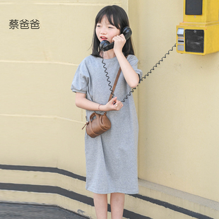 文艺t恤裙女童青少年浅灰色圆领连衣裙539 夏装 蔡爸爸童装 2025款