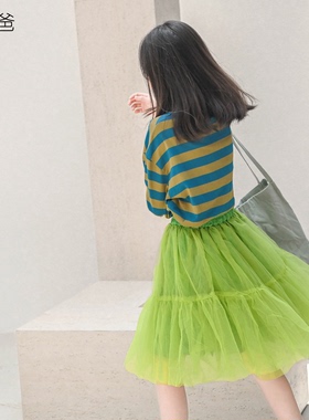 蔡爸爸童装新品春装女大童绿色半身裙三层纱仙女裙小清新577+637