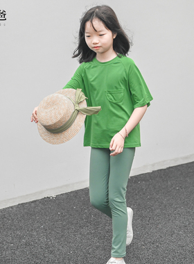 蔡爸爸童装2026新款夏装男女儿童短袖t恤 薄款绿色上衣服663+138