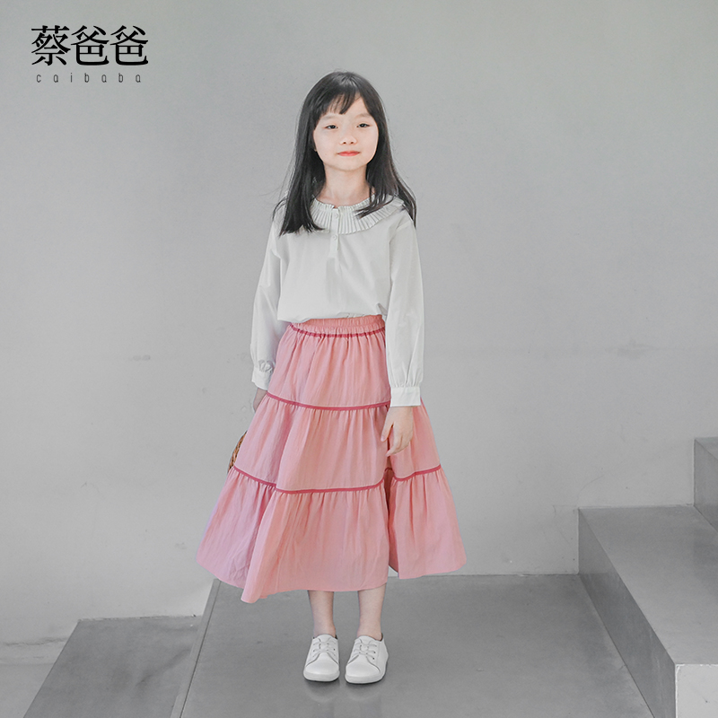 全棉春秋百褶领女童白色长袖上衣